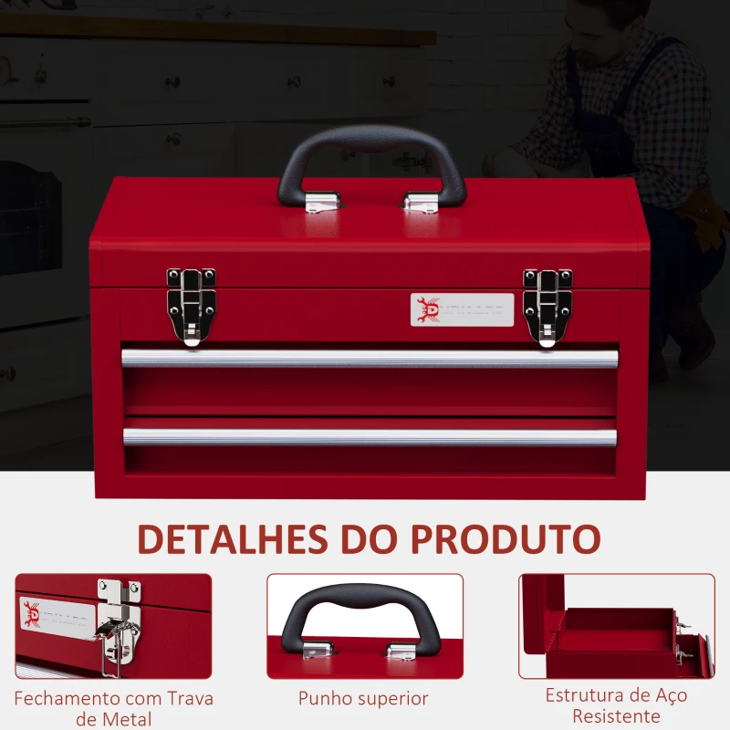 DURHAND Caixa de Ferramentas de Aço com 2 Gavetas Fechaduras Metálicas Mala de Ferramentas Portátil 46x24x22 cmVermelho