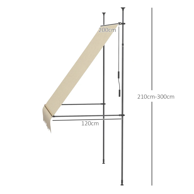Outsunny Toldo Manual Retrátil com Manivela 200x120x210-300 cm com Altura Ajustável Impermeável para Jardim Varanda Bege
