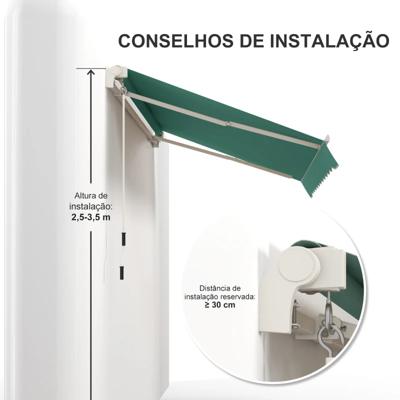 Outsunny Toldo Manual Retrátil com Manivela 295x245 cm Toldo Enrolável para Janela Portas Balcão Terraço Exterior Verde