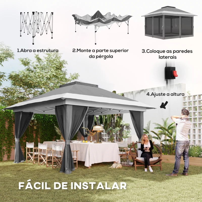 Outsunny Pérgola Dobrável 356x356x280 cm com 4 Paredes Laterais de Malha Anti-UV Altura Ajustável e Bolsa de Transporte Cinza Escuro