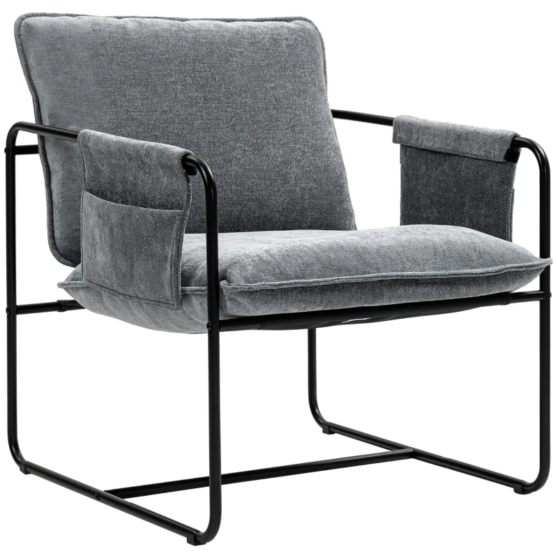HOMCOM Poltrona Sala de Estar com Apoio para os Braços Bolso Lateral e Estrutura de Aço Poltrona para Dormitório 68x76x81 cm Cinza