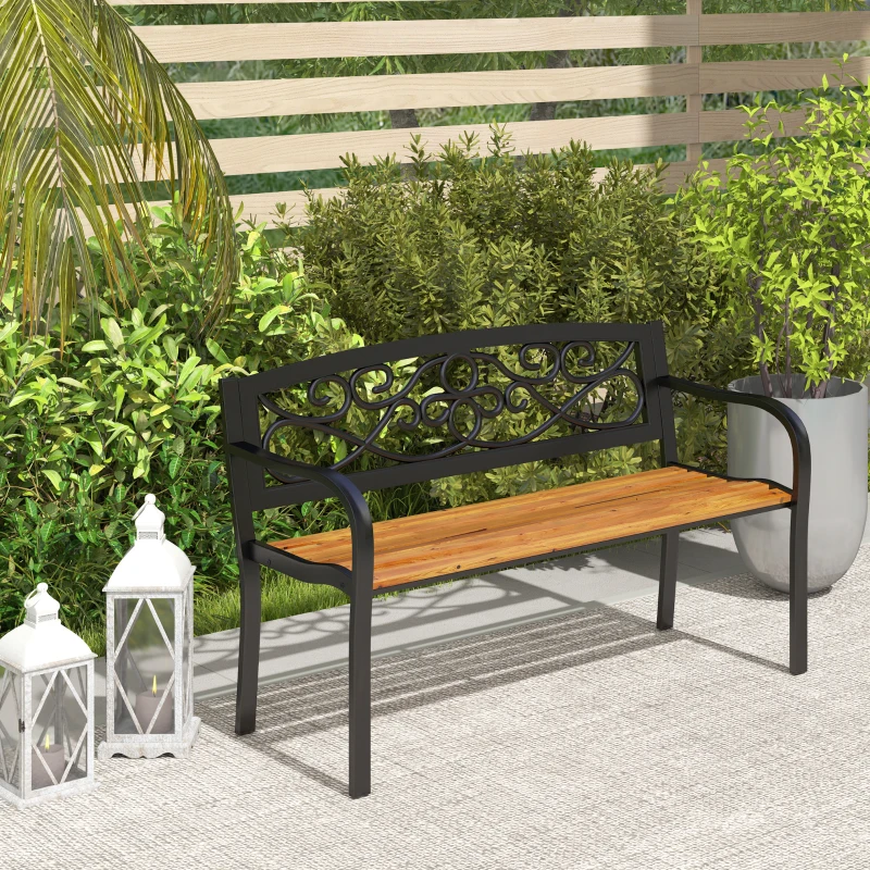 Outsunny Banco de Jardim de 2 Lugares Banco de Exterior com Assento de Madeira e Estrutura de Aço 127x56x80 cm Madeira e Preto
