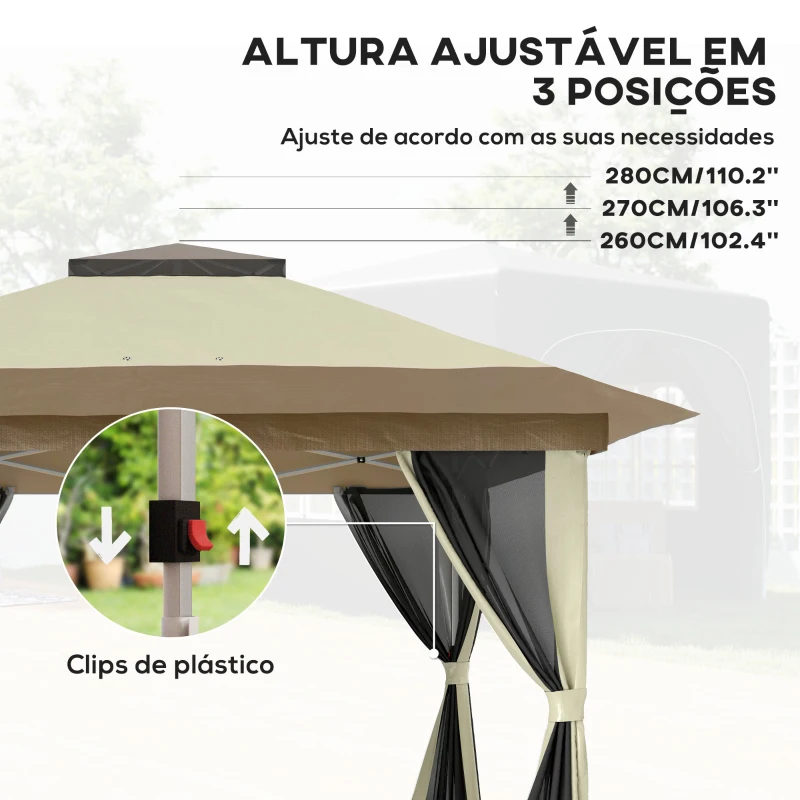 Outsunny Pérgola Dobrável 356x356x280 cm com 4 Paredes Laterais de Malha Anti-UV Altura Ajustável e Bolsa de Transporte Bege e Marrom