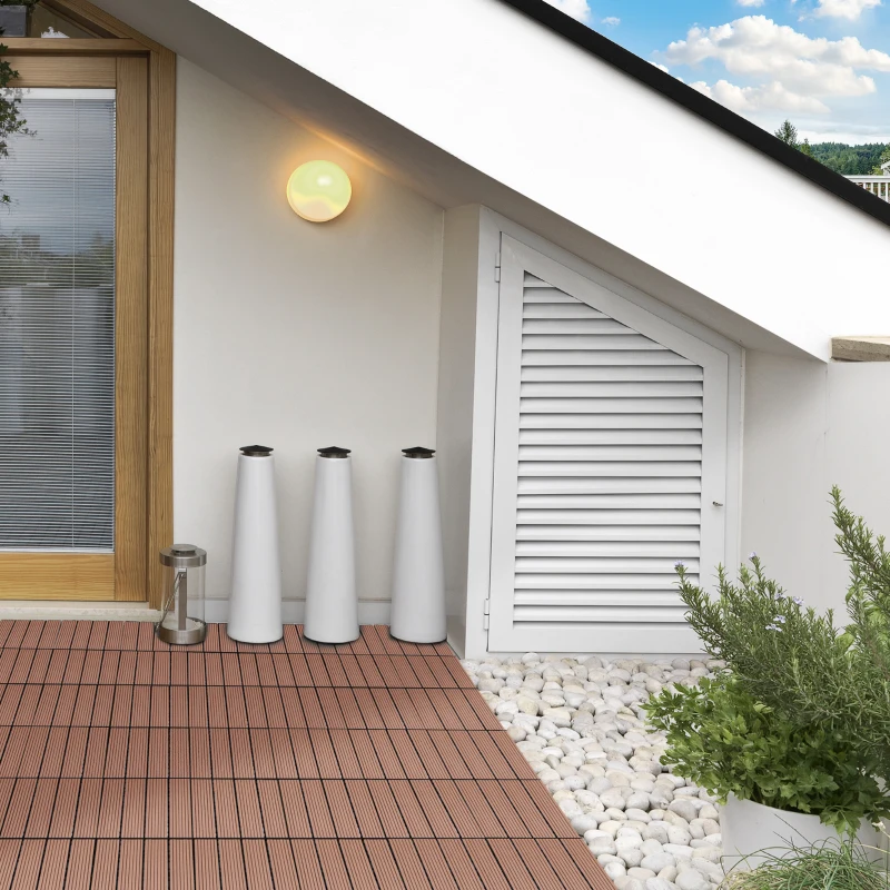 Outsunny Conjunto de 11 Peças de Estrados Exterior 30x30 cm 1 m² Estrados de Jardim Antiderrapante e Fácil Instalação Marrom