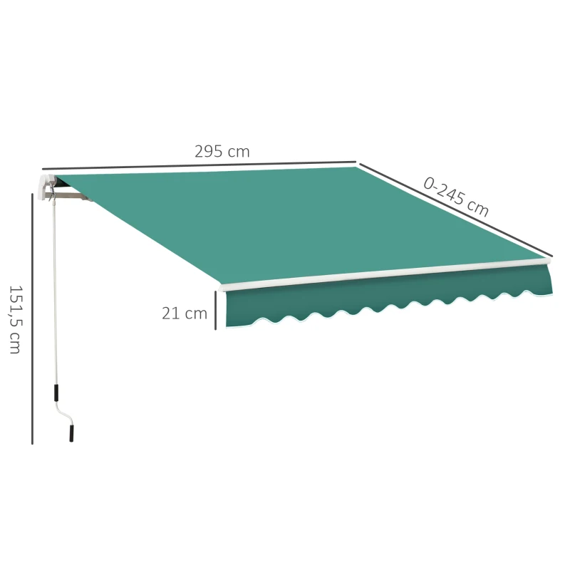 Outsunny Toldo Manual Retrátil com Manivela 295x245 cm Toldo Enrolável para Janela Portas Balcão Terraço Exterior Verde