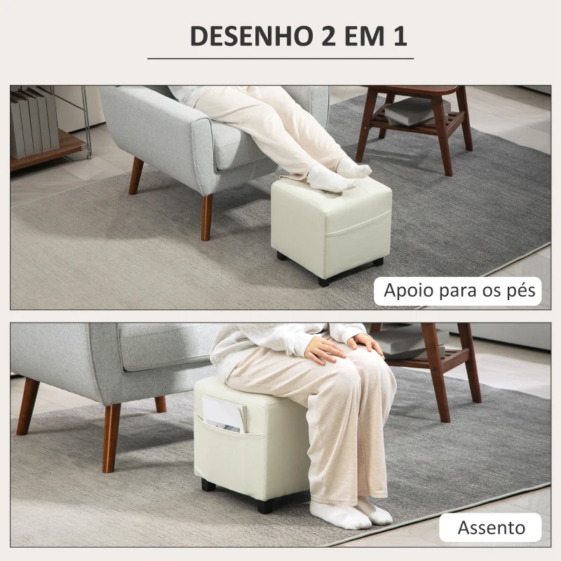 HOMCOM Apoio para os Pés Sala de Estar Banco Estofado em Linho com Bolso Lateral Tampa com Botões  35x35x35 cm Creme