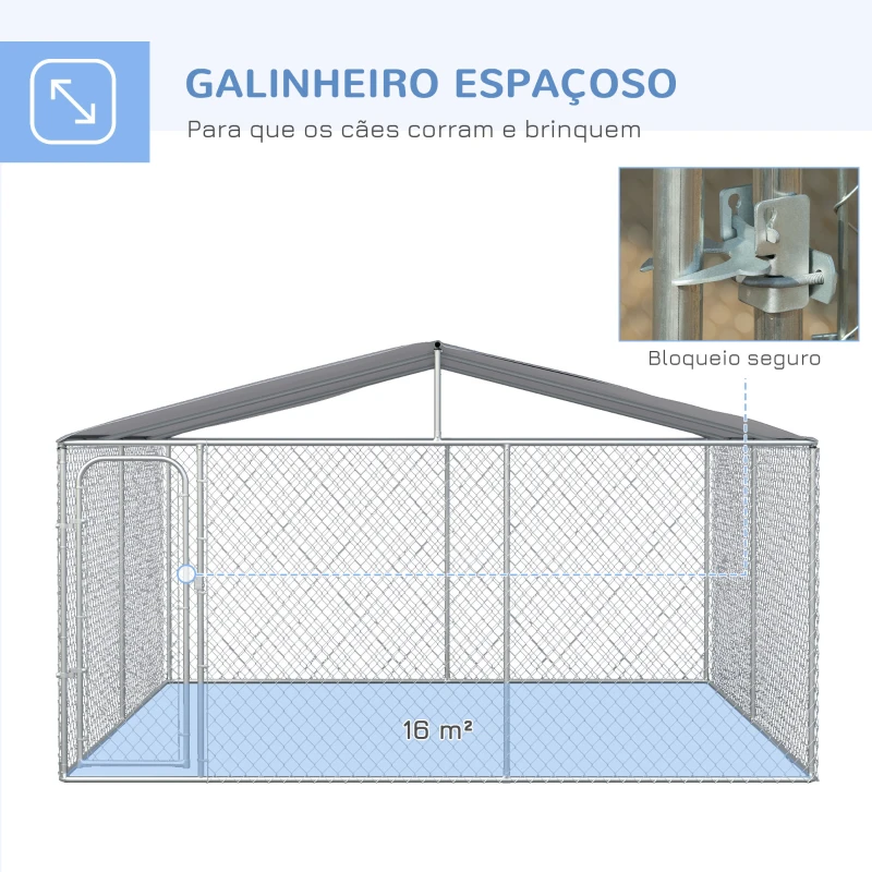 PawHut Canil de Exterior 4x4x2,3 cm com Toldo Anti-UV Recinto para Cães com Porta com Trava e Estrutura de Metal  Prata