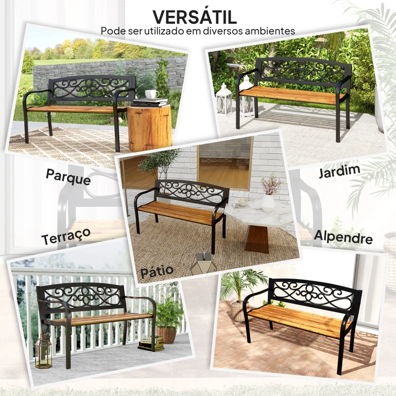 Outsunny Banco de Jardim de 2 Lugares Banco de Exterior com Assento de Madeira e Estrutura de Aço 127x56x80 cm Madeira e Preto