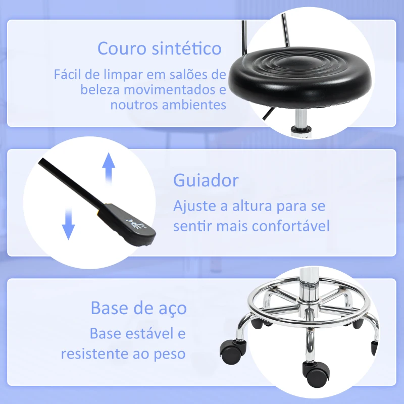 HOMCOM Banco Giratório com Rodas e Encosto Banco de Trabalho com Altura Ajustável Banco Estofado em Couro Sintético 32x40x70x70-86 cm Preto