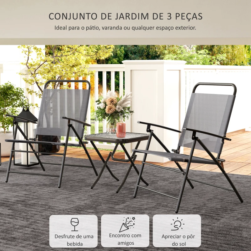 Outsunny Conjunto de Mesa e Cadeiras de 3 Peças Móveis de Jardim Dobráveis com Encosto Ajustável e Bancada de Vidro Cinza