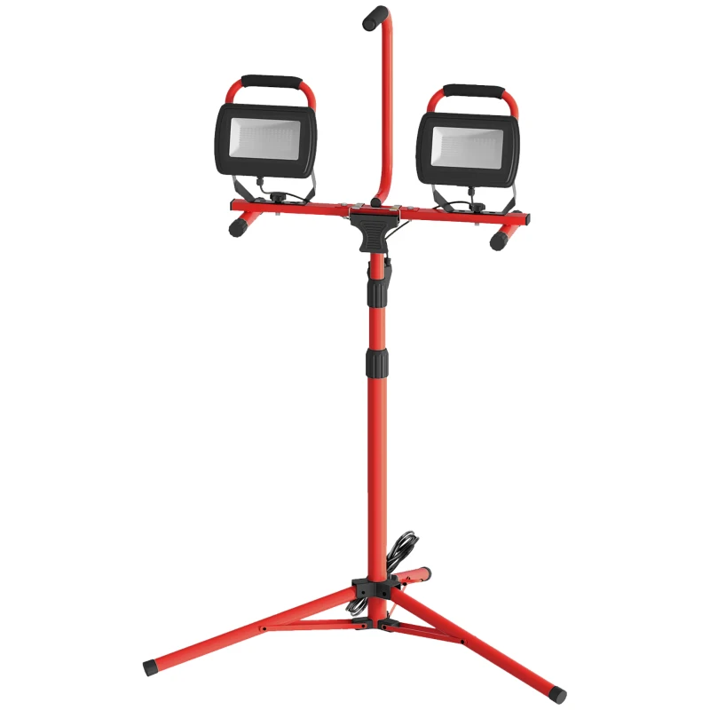 HOMCOM Projetor LED Duplo Recarregável com Tripé Dobrável 8500 Lúmenes IP65 6500K e Ajustáveis para Trabalho Vermelho e Preto