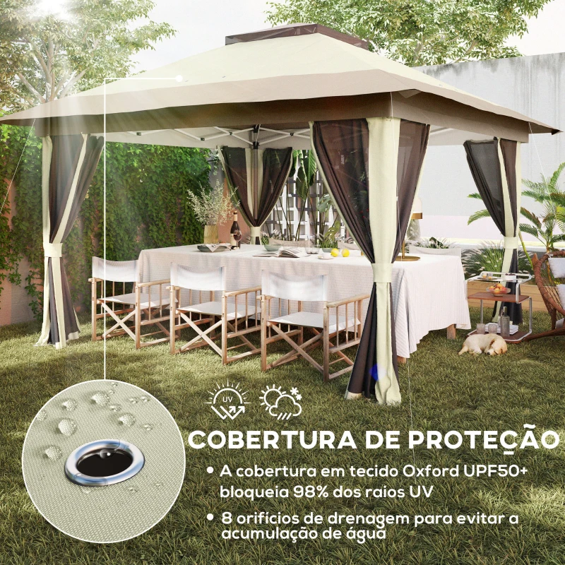 Outsunny Pérgola Dobrável 356x356x280 cm com 4 Paredes Laterais de Malha Anti-UV Altura Ajustável e Bolsa de Transporte Bege e Marrom