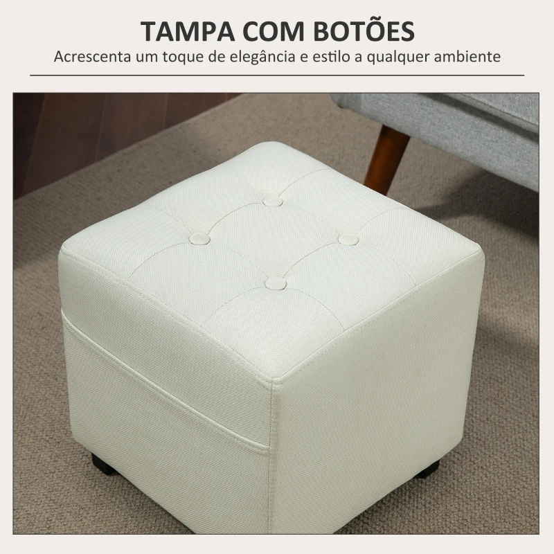 HOMCOM Apoio para os Pés Sala de Estar Banco Estofado em Linho com Bolso Lateral Tampa com Botões  35x35x35 cm Creme