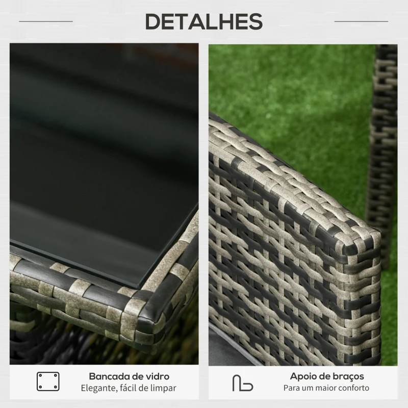 Outsunny Conjunto Móveis de Jardim 6 Peças em Vime Sintético com Sofá de 3 Lugares 2 Poltronas Bancos e Mesa de Centro Cinza