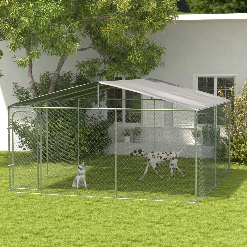 PawHut Canil de Exterior 4x4x2,3 cm com Toldo Anti-UV Recinto para Cães com Porta com Trava e Estrutura de Metal  Prata