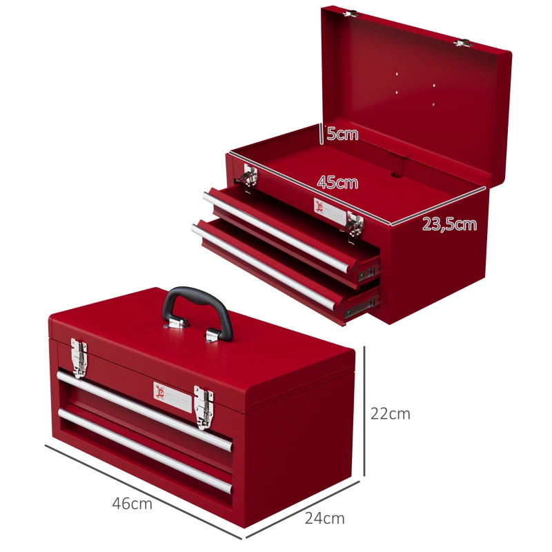 DURHAND Caixa de Ferramentas de Aço com 2 Gavetas Fechaduras Metálicas Mala de Ferramentas Portátil 46x24x22 cmVermelho