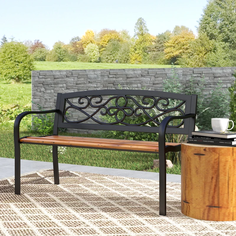 Outsunny Banco de Jardim de 2 Lugares Banco de Exterior com Assento de Madeira e Estrutura de Aço 127x56x80 cm Madeira e Preto