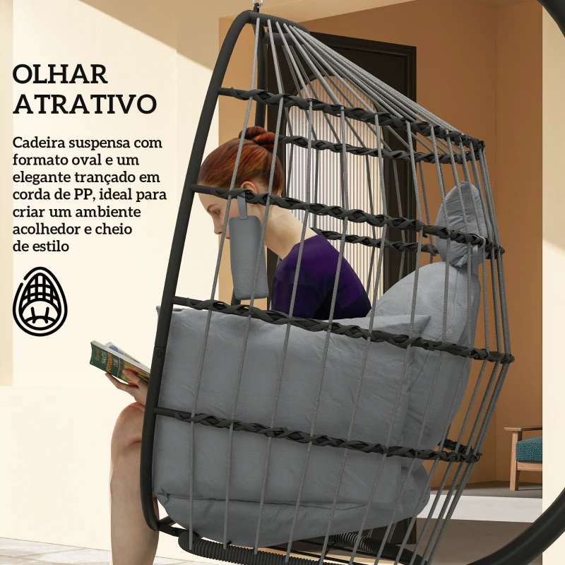 Outsunny Cadeira Suspensa com Suporte Cadeira Baloiço de Jardim com Cesto Dobrável Almofada e Apoio para a Cabeça 120x88x192 cm Cinzento