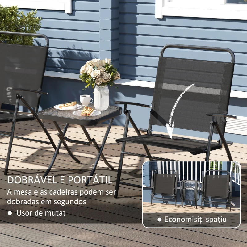 Outsunny Conjunto de Mesa e Cadeiras de 3 Peças Móveis de Jardim Dobráveis com Encosto Ajustável e Bancada de Vidro Preto