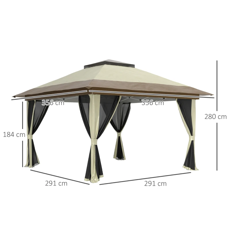 Outsunny Pérgola Dobrável 356x356x280 cm com 4 Paredes Laterais de Malha Anti-UV Altura Ajustável e Bolsa de Transporte Bege e Marrom