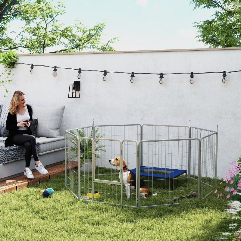 PawHut Recinto per Cani a 8 Pannelli Modulabili Pieghevole con Porta in Acciaio, Altezza 80 cm, Argento