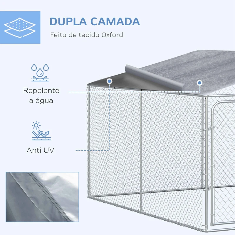 PawHut Canil de Exterior 4x4x2,3 cm com Toldo Anti-UV Recinto para Cães com Porta com Trava e Estrutura de Metal  Prata
