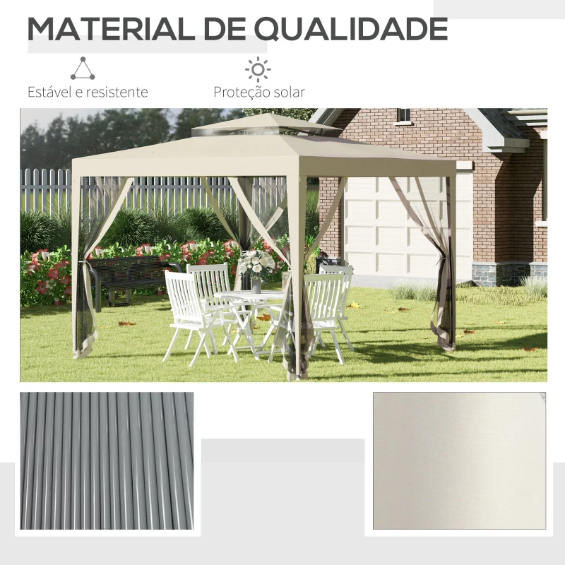 Outsunny Pérgola de Jardim 297x297x268 cm com Redes Mosquiteiras Laterais com Fecho de Correr Teto de Ventilação e 8 Orifícios de Drenagem Bege