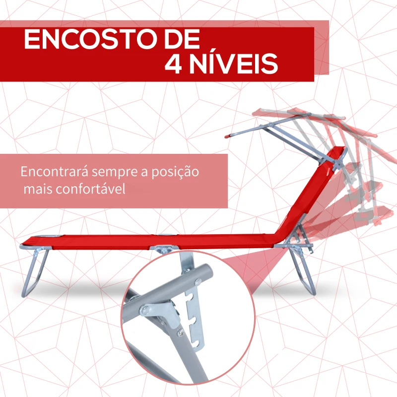 Outsunny Espreguiçadeira de Jardim Dobrável com Toldo Removível e Ajustável  e Encosto Ajustável 187x58x36 cm Vermelho