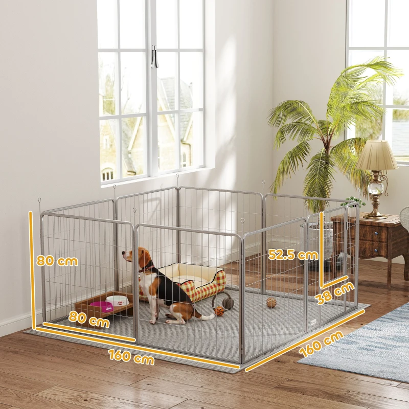 PawHut Recinto per Cani a 8 Pannelli Modulabili Pieghevole con Porta in Acciaio, Altezza 80 cm, Argento