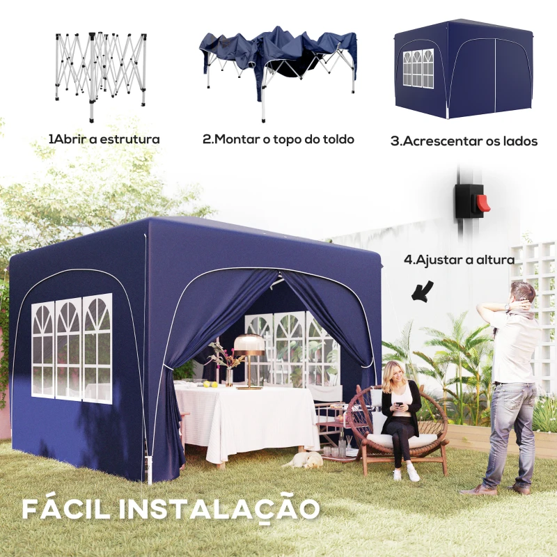 Outsunny Tenda Dobrável 3x3 m com Painéis Laterais UPF50+ Tenda de Jardim com Altura Ajustável e Bolsa de Transporte Azul Escuro