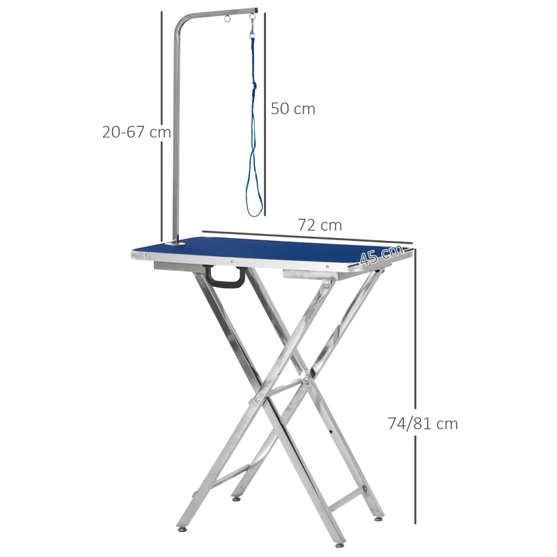 PawHut Mesa de Tosquia para Cães com Bancada Antiderrapante Alça e Braço com Altura Ajustável 72x45x74-81 cm Azul