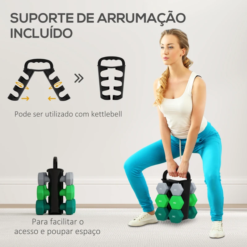SPORTNOW Conjunto de Halteres 2 x 3kg 2 x 4kg e 2 x 5kg Halteres Hexagonais com Suporte de Armazenamento para Treino Multicor