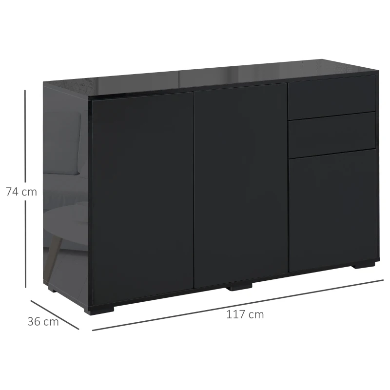 HOMCOM Aparador de Sala de Estar com 3 Portas 2 Gavetas e Prateleira Interior Ajustável Móvel Auxiliar de Armazenamento para Cozinha Dormitório Anti-Rolamento 117x36x74 cm Preto