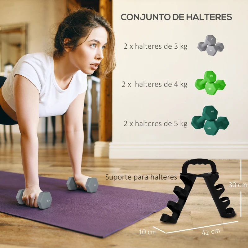 SPORTNOW Conjunto de Halteres 2 x 3kg 2 x 4kg e 2 x 5kg Halteres Hexagonais com Suporte de Armazenamento para Treino Multicor
