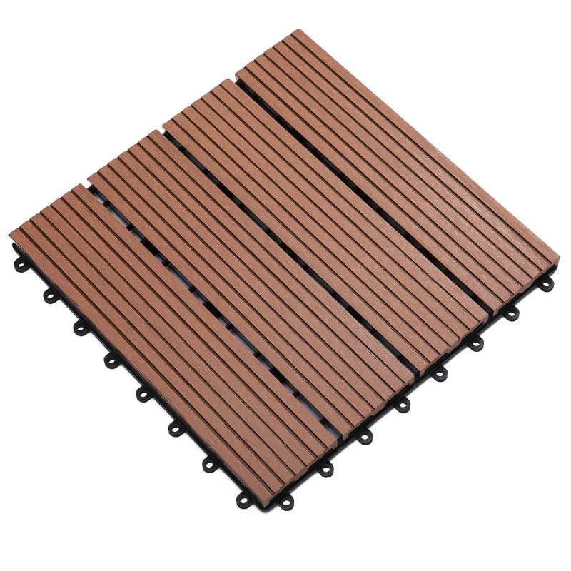 Outsunny Conjunto de 11 Peças de Estrados Exterior 30x30 cm 1 m² Estrados de Jardim Antiderrapante e Fácil Instalação Marrom