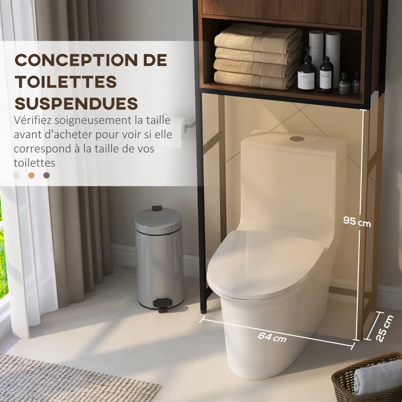 kleankin Meuble étagère dessus WC étagère de salle de bain placard 2 portes et niche 68 x 25,5 x 172,5 cm marron noir