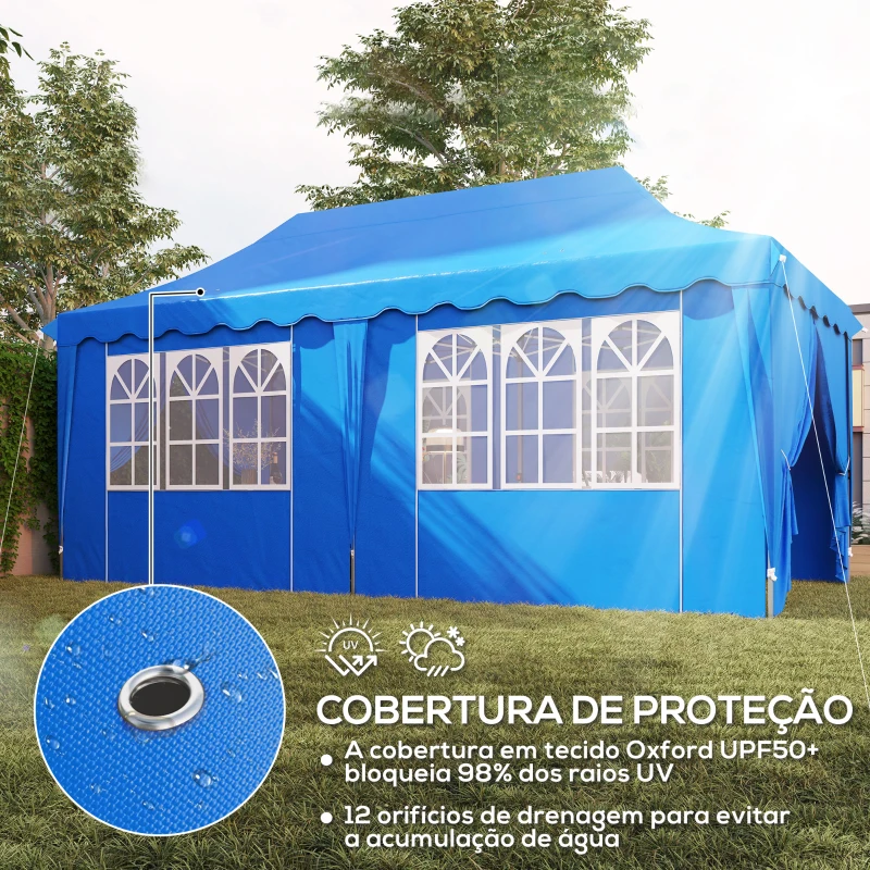 Outsunny Tenda Dobrável Pop Up 596x300x315 cm com 6 Paredes Laterais Anti-UV Altura Ajustável para Campismo Festas Azul