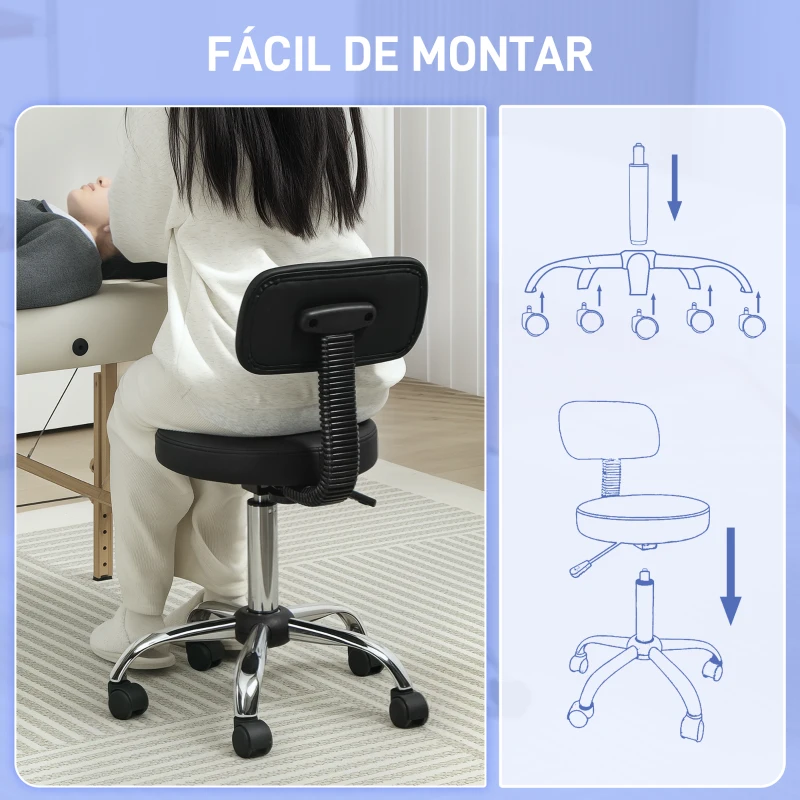 HOMCOM Banco Giratório Banco com Rodas e Encosto Banco de Trabalho com Altura Ajustável 78-93 cm Estofado em Couro Sintético Preto