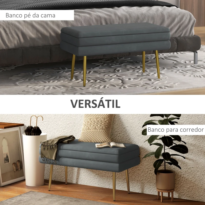 HOMCOM Banco Pé de Cama 30L Banco com Armazenamento para Dormitório Estofado em Veludo 79,5x37,5x43 cm Cinza Escuro