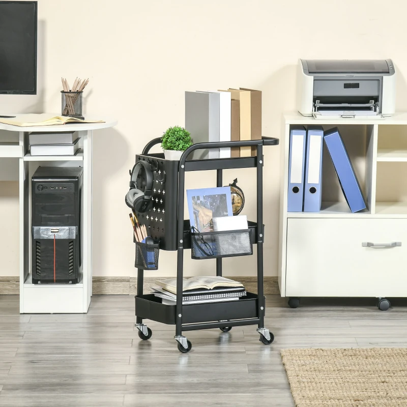 HOMCOM Desserte chariot de rangement pour bureau en métal chariot de service à roulettes 3 niveaux avec 2 range-couverts 4 crochets dim.51,5L x 32l x 75,6H cm - noir