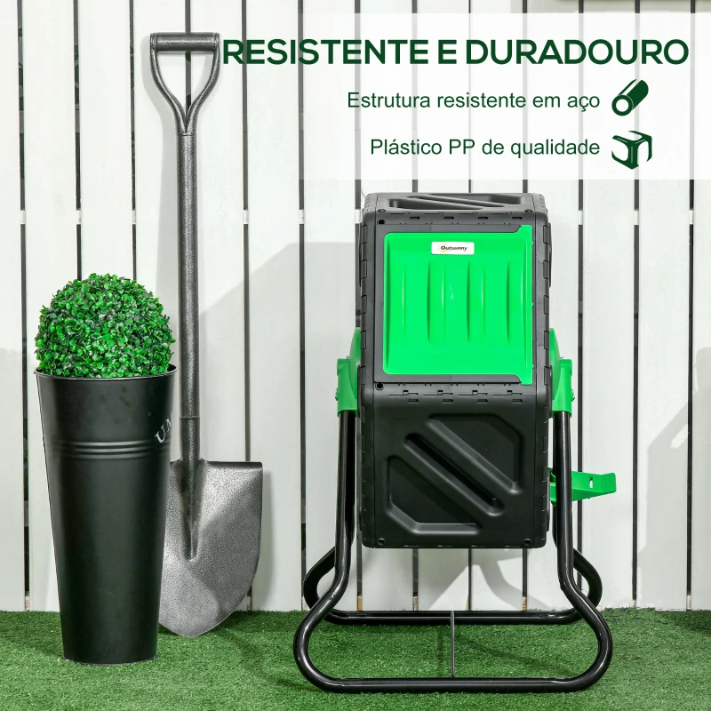 Outsunny Compostor Giratório de 65L Recipiente de Compostagem de Jardim com Câmera Dupla Aberturas de Ventilação 60x49x77 cm Preto