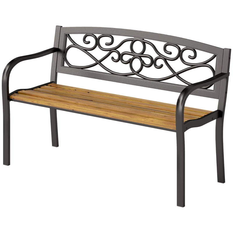 Outsunny Banco de Jardim de 2 Lugares Banco de Exterior com Assento de Madeira e Estrutura de Aço 127x56x80 cm Madeira e Preto