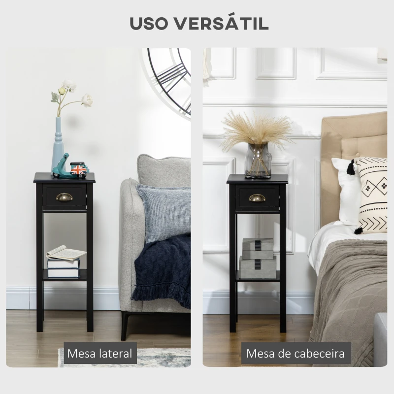HOMCOM Mesa de Apoio com Gaveta e Prateleira de Armazenamento Estilo Moderno 30x30x75 cm Preto
