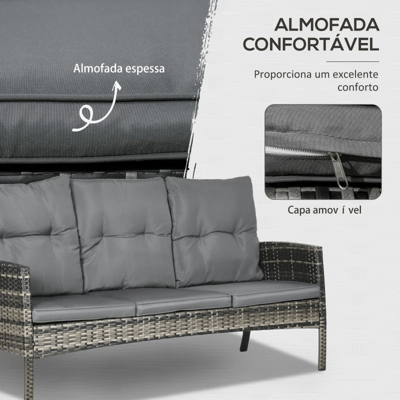 Outsunny Conjunto Móveis de Jardim 6 Peças em Vime Sintético com Sofá de 3 Lugares 2 Poltronas Bancos e Mesa de Centro Cinza