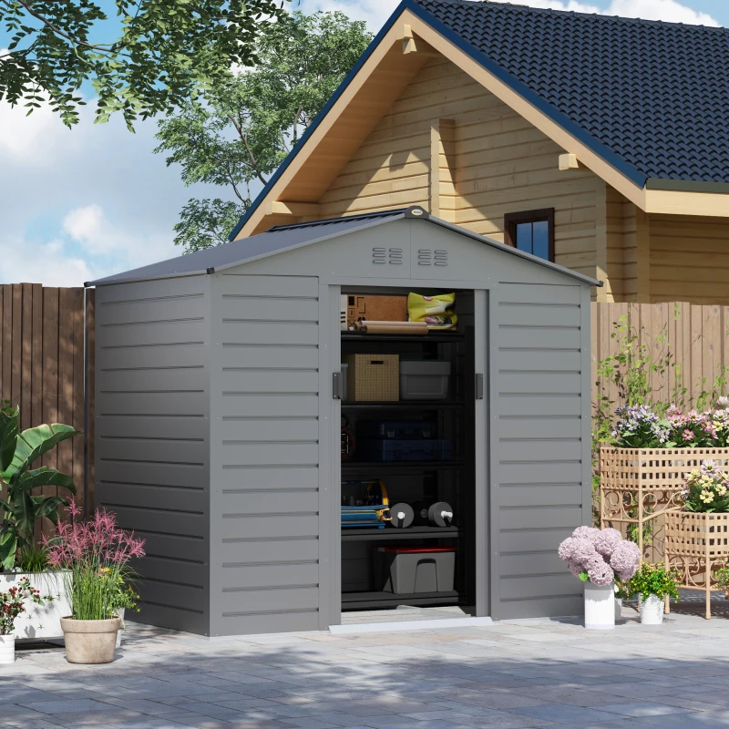 Outsunny 2,1 x 1,3 m Tuinschuur, Gereedschapsschuur van Staal, Afsluitbare Deuren, 4 Ventilatieopeningen, Grijs