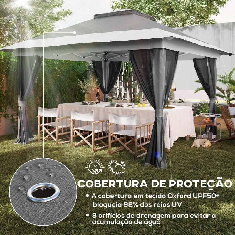 Outsunny Pérgola Dobrável 356x356x280 cm com 4 Paredes Laterais de Malha Anti-UV Altura Ajustável e Bolsa de Transporte Cinza Escuro