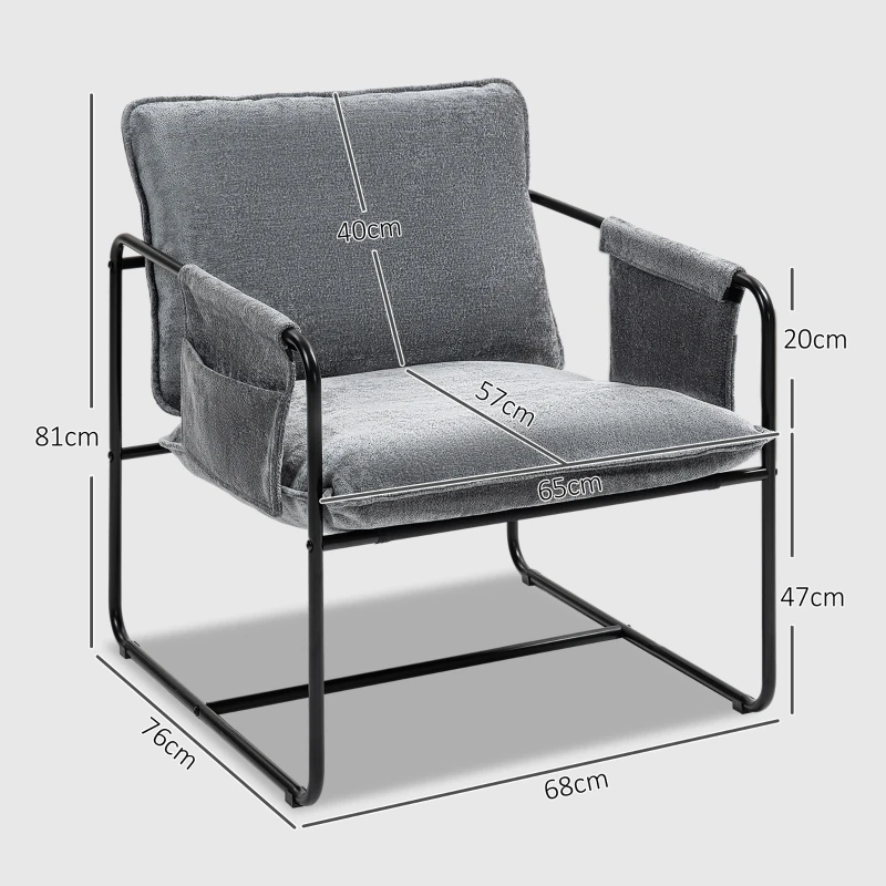 HOMCOM Poltrona Sala de Estar com Apoio para os Braços Bolso Lateral e Estrutura de Aço Poltrona para Dormitório 68x76x81 cm Cinza