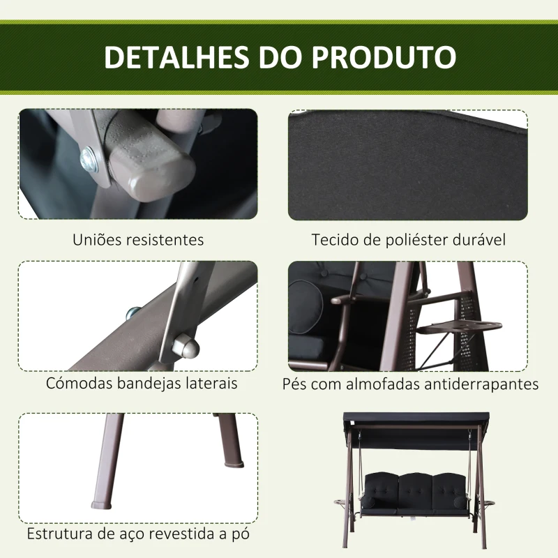 Outsunny Banco Baloiço de Jardim de 3 Lugares com Teto 2 Almofadas Suporte para Bebidas 207x120,5x174 cm Preto