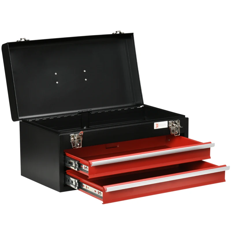 DURHAND Caixa de Ferramentas de Aço com 2 Gavetas Fechaduras Metálicas Mala de Ferramentas Portátil 46x24x22 cm Preto e Vermelho