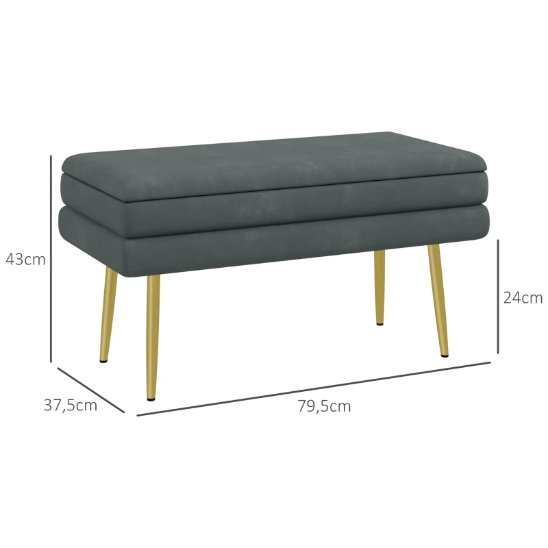 HOMCOM Banco Pé de Cama 30L Banco com Armazenamento para Dormitório Estofado em Veludo 79,5x37,5x43 cm Cinza Escuro